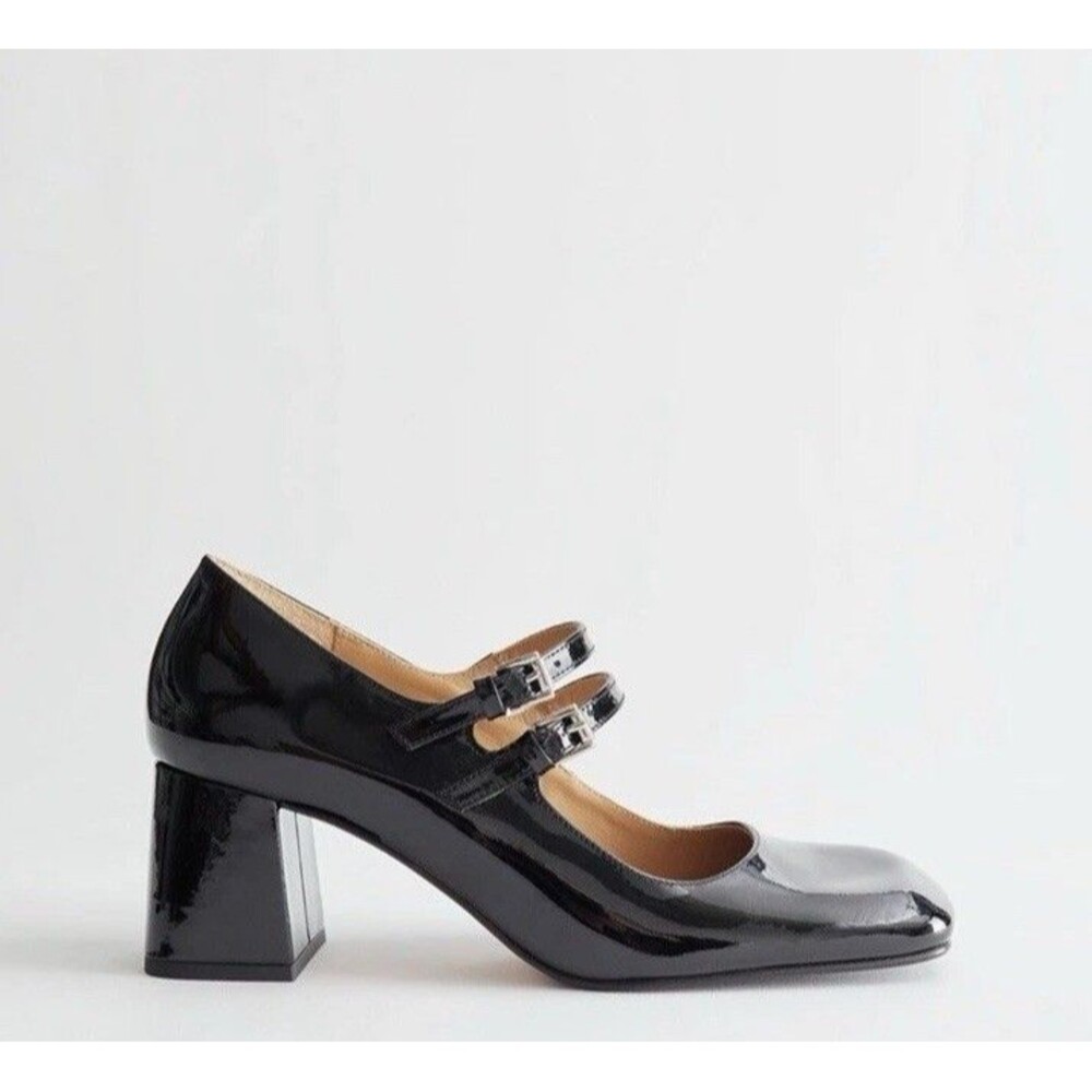 & Other Stories Patent Leather Mary Jane Black Pumps Size 41 US 10 Blocked Heel